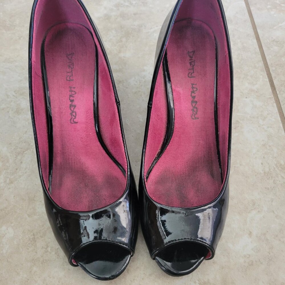 "Dirty Laundry" Black patent leather Peep Toe Wedges